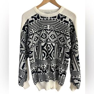 Vintage TJW Mervyn’s Black Geometric Acrylic Sweater Crewneck 80s Mens S Aztec